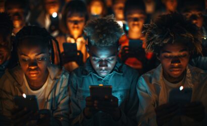 Diverse kids addicted to their devices